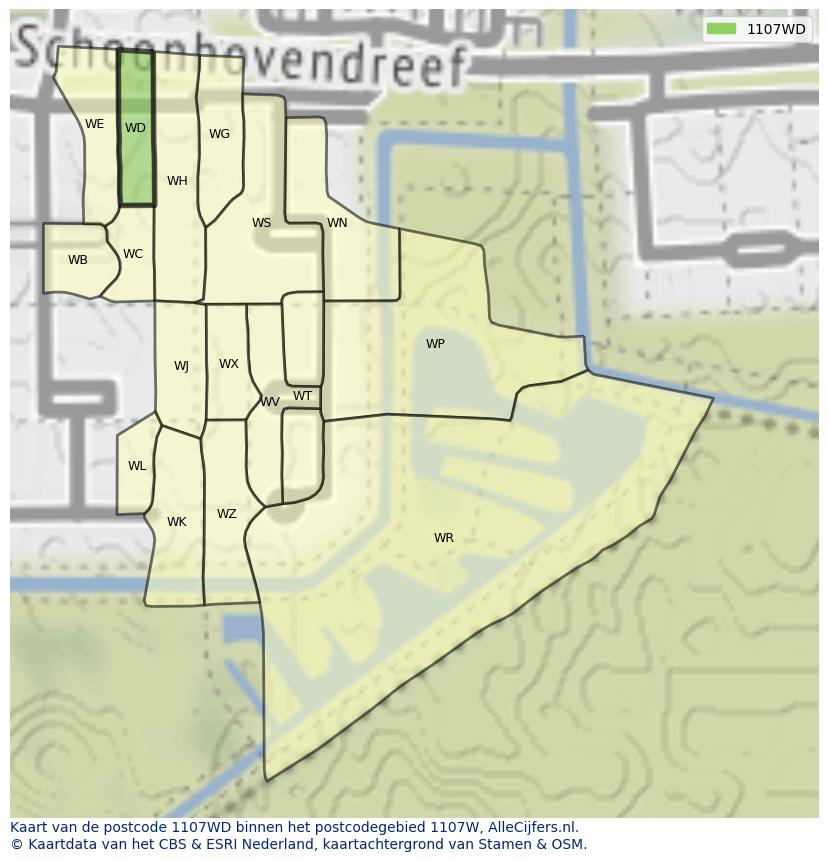 Afbeelding van het postcodegebied 1107 WD op de kaart.