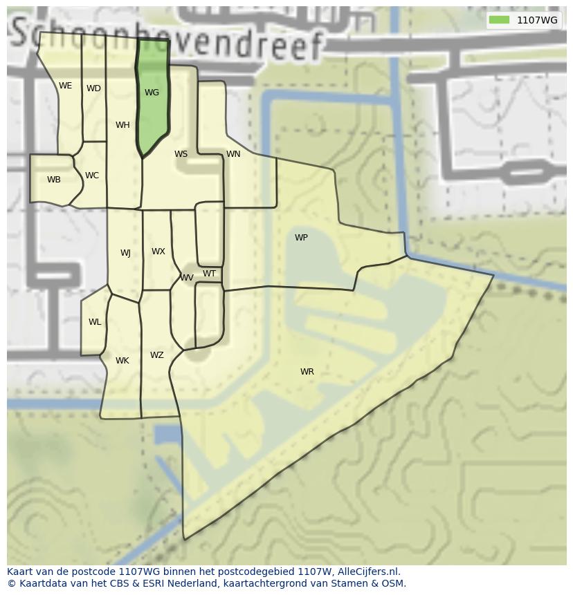 Afbeelding van het postcodegebied 1107 WG op de kaart.