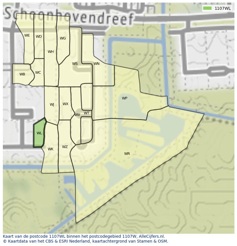 Afbeelding van het postcodegebied 1107 WL op de kaart.