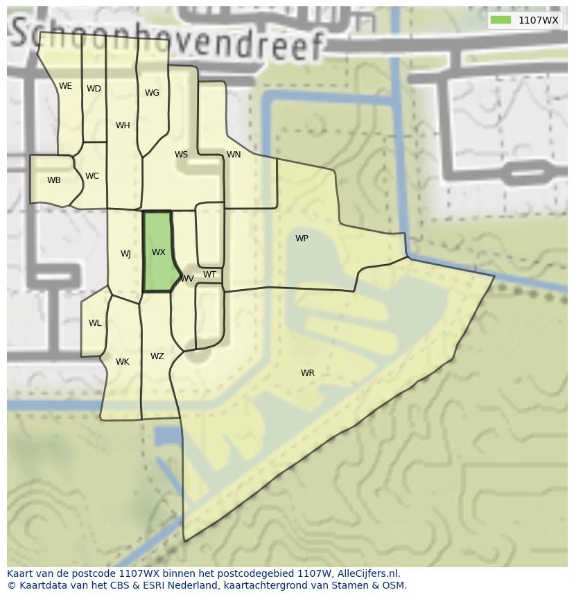 Afbeelding van het postcodegebied 1107 WX op de kaart.