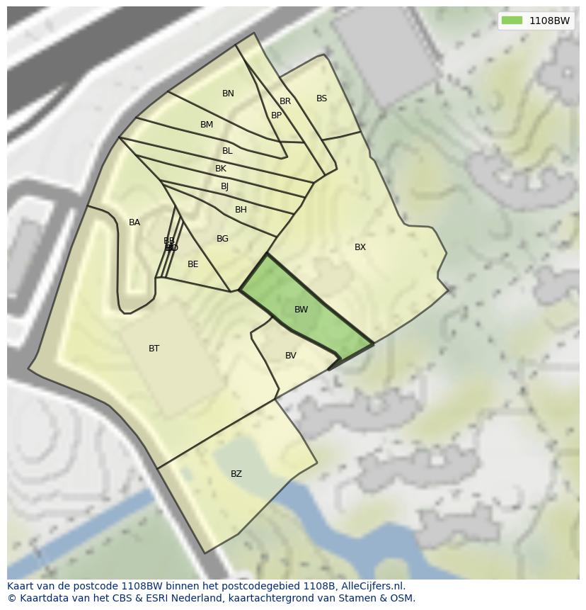 Afbeelding van het postcodegebied 1108 BW op de kaart.