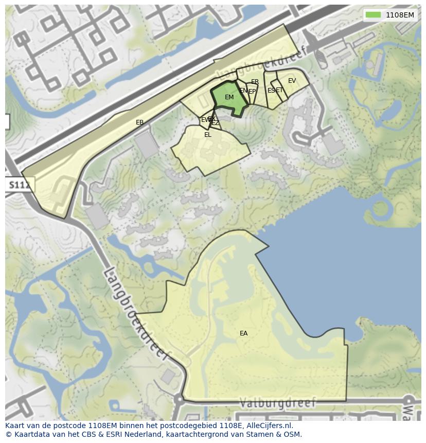 Afbeelding van het postcodegebied 1108 EM op de kaart.