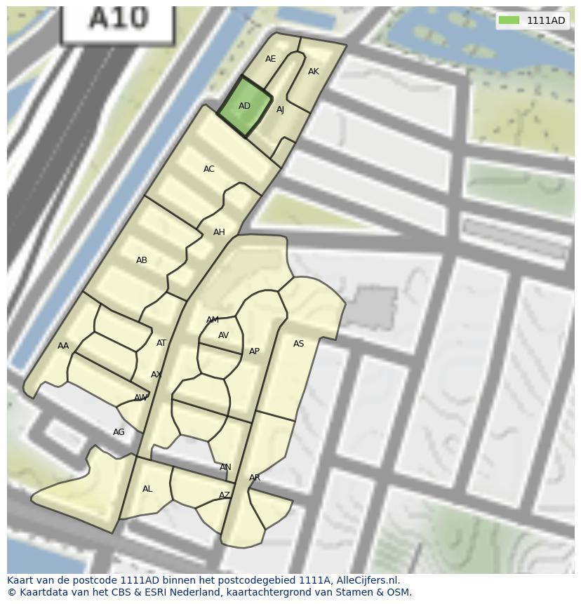 Afbeelding van het postcodegebied 1111 AD op de kaart.