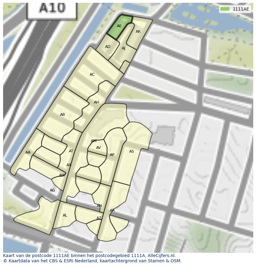 Afbeelding van het postcodegebied 1111 AE op de kaart.