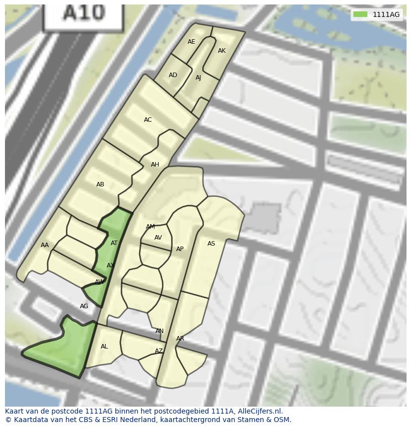 Afbeelding van het postcodegebied 1111 AG op de kaart.