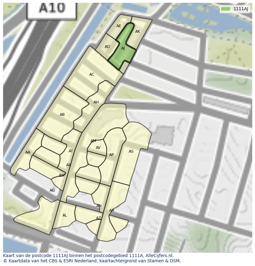 Afbeelding van het postcodegebied 1111 AJ op de kaart.