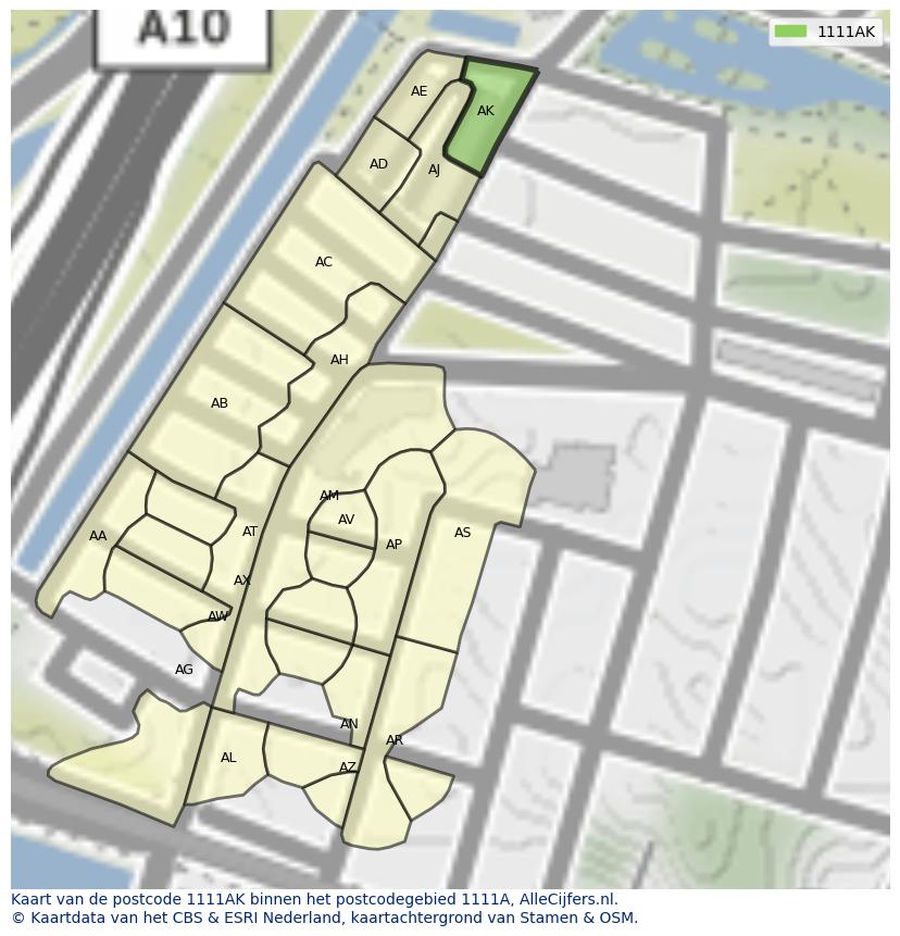 Afbeelding van het postcodegebied 1111 AK op de kaart.