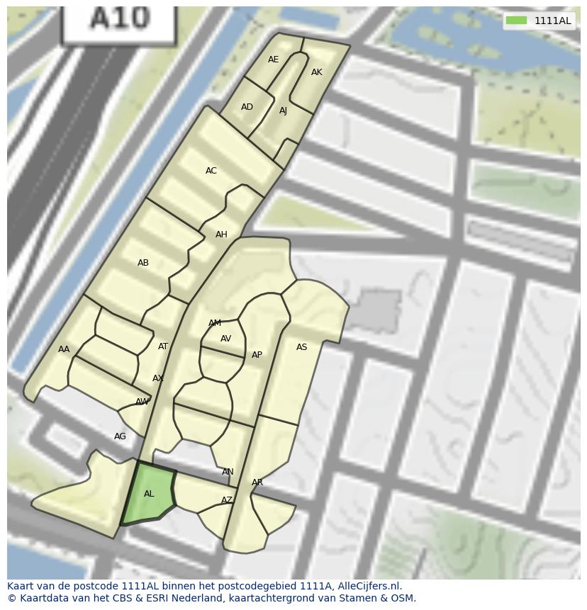 Afbeelding van het postcodegebied 1111 AL op de kaart.