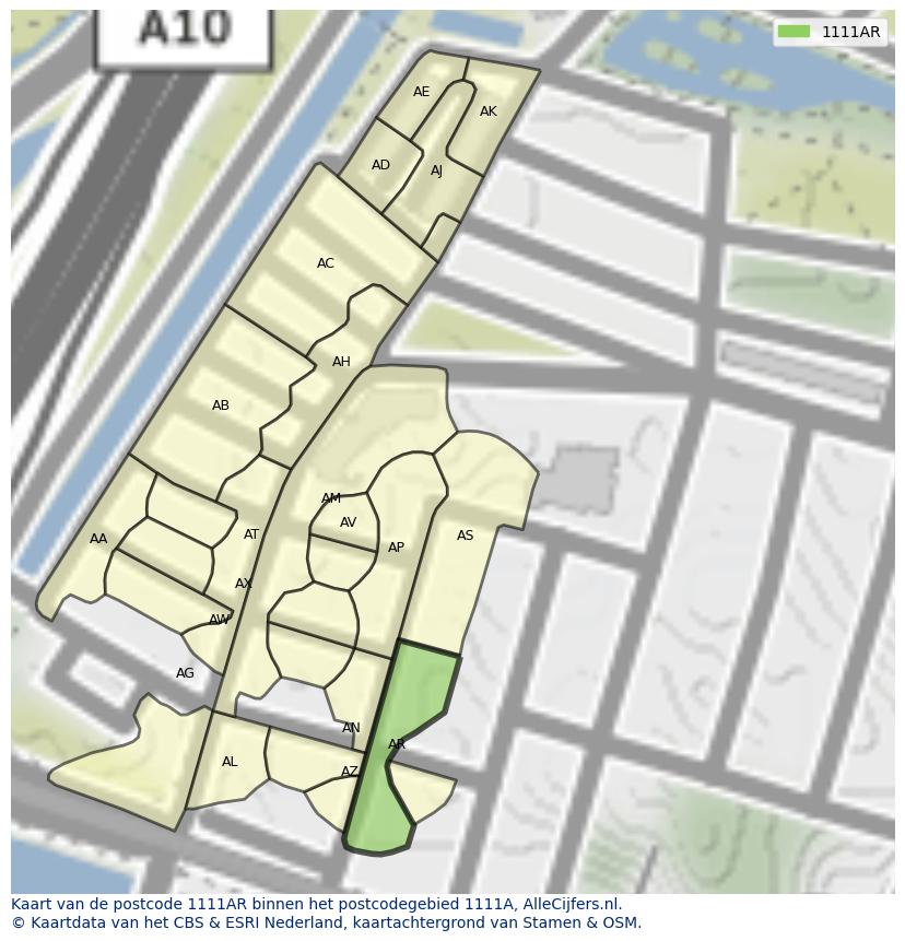 Afbeelding van het postcodegebied 1111 AR op de kaart.