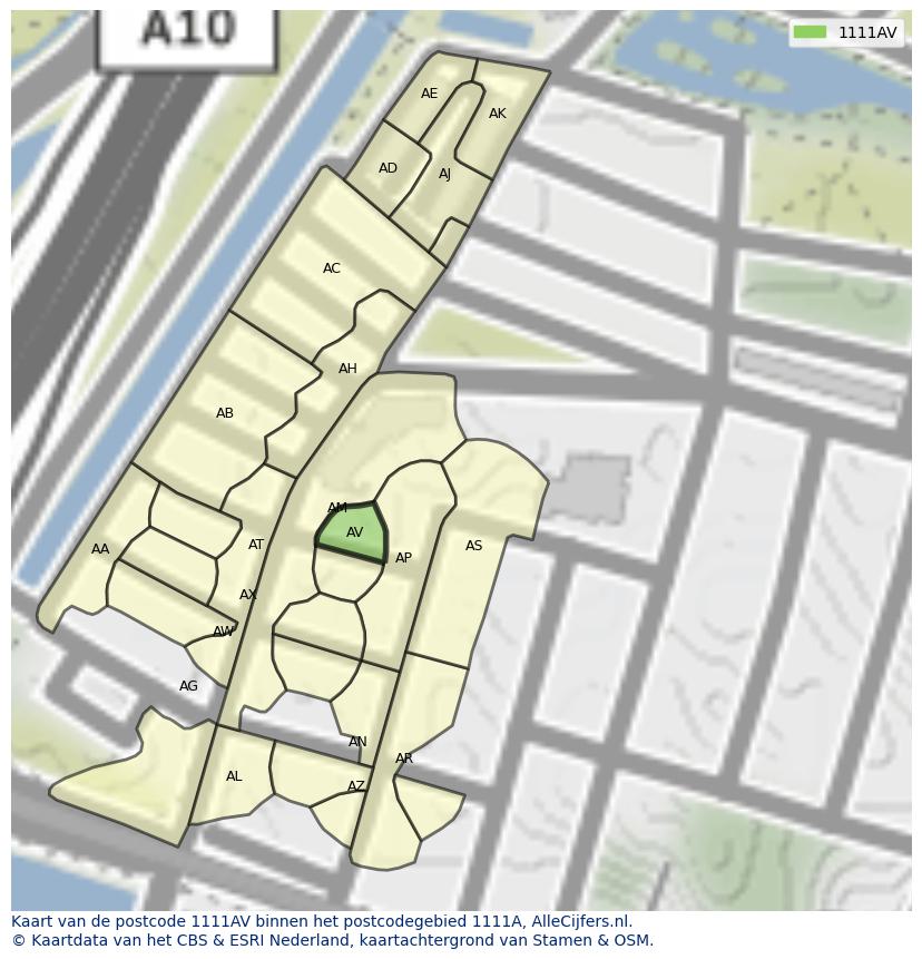 Afbeelding van het postcodegebied 1111 AV op de kaart.