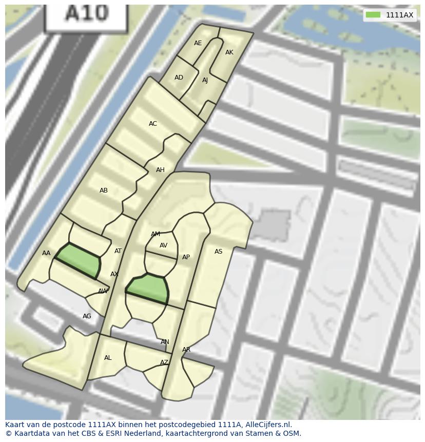 Afbeelding van het postcodegebied 1111 AX op de kaart.