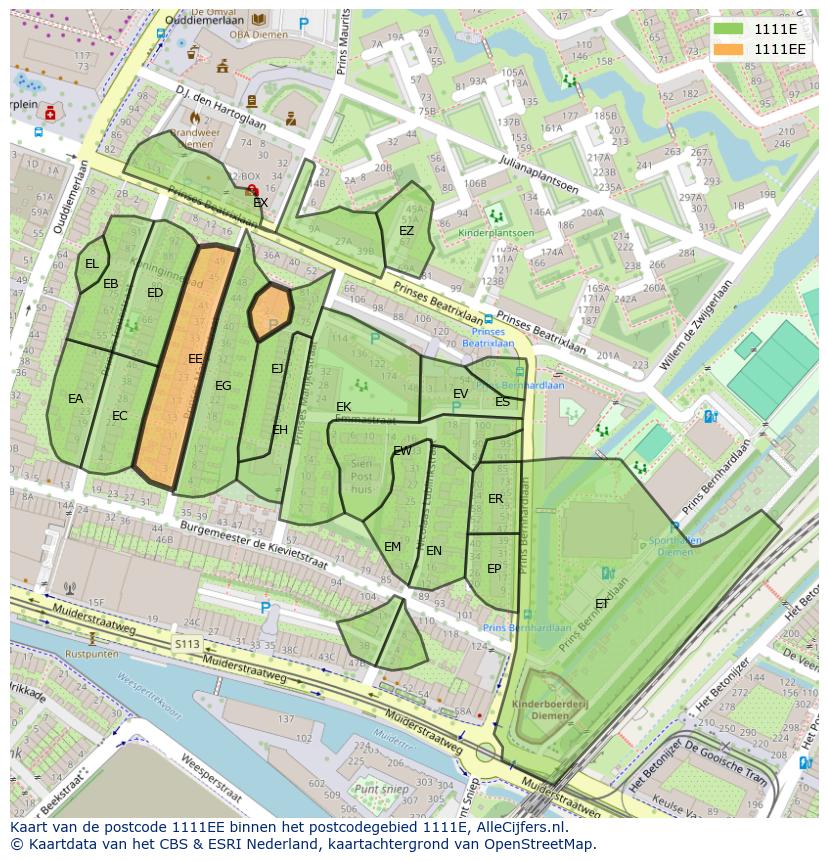 Afbeelding van het postcodegebied 1111 EE op de kaart.
