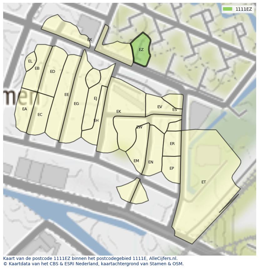Afbeelding van het postcodegebied 1111 EZ op de kaart.