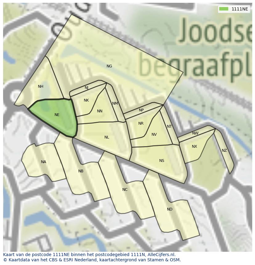 Afbeelding van het postcodegebied 1111 NE op de kaart.