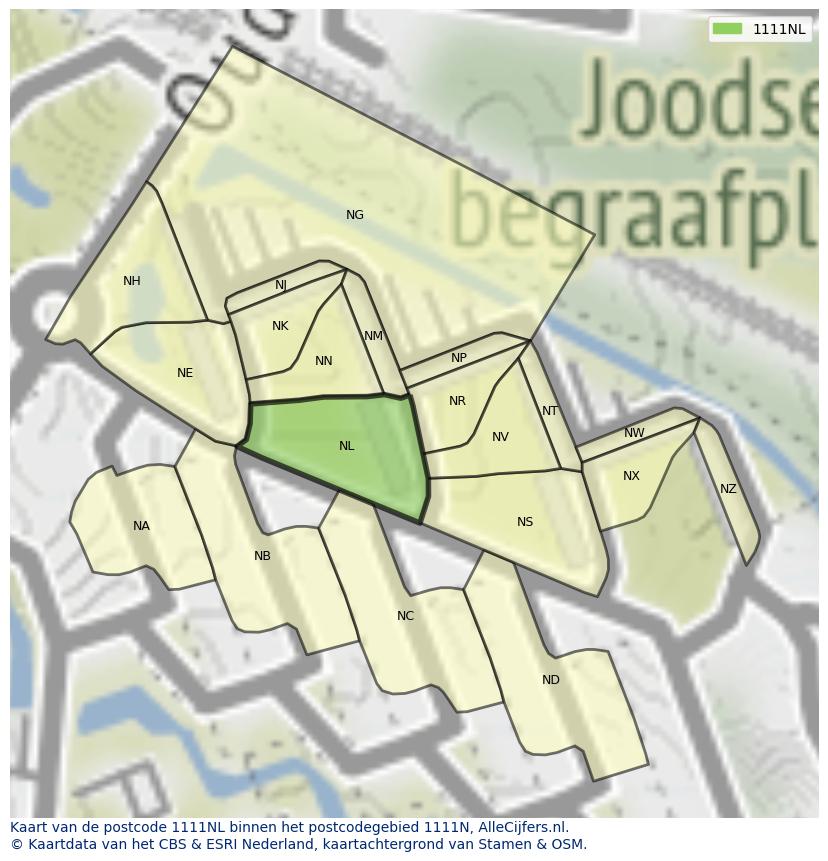 Afbeelding van het postcodegebied 1111 NL op de kaart.