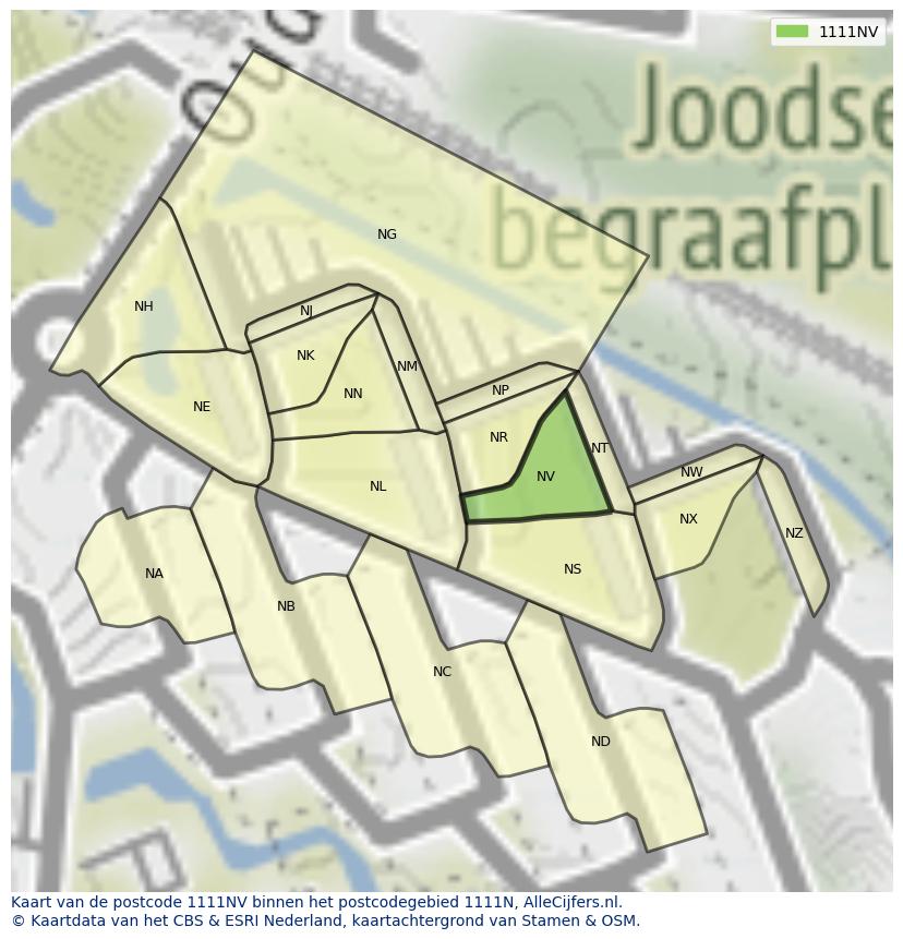 Afbeelding van het postcodegebied 1111 NV op de kaart.