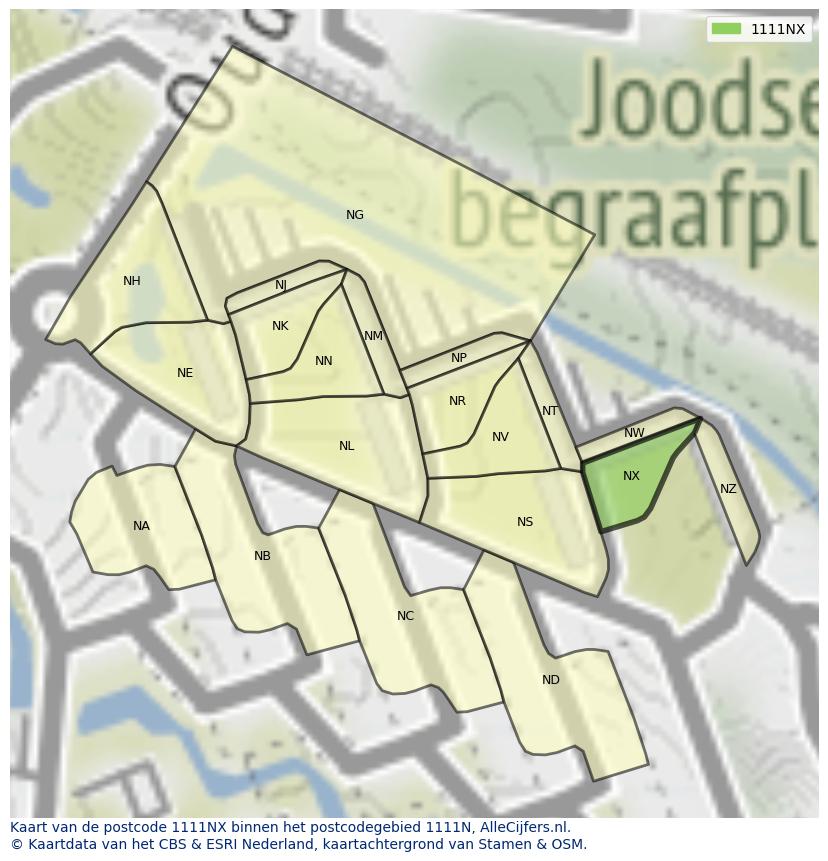 Afbeelding van het postcodegebied 1111 NX op de kaart.