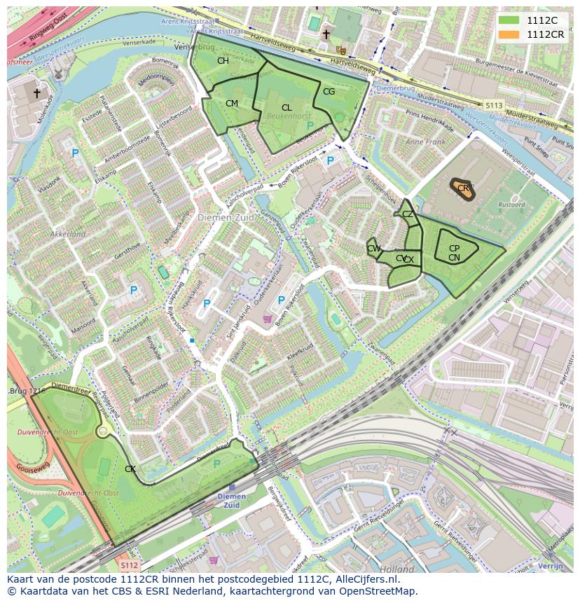 Afbeelding van het postcodegebied 1112 CR op de kaart.
