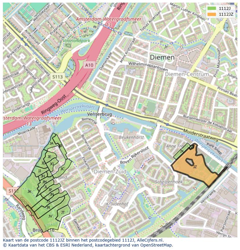 Afbeelding van het postcodegebied 1112 JZ op de kaart.