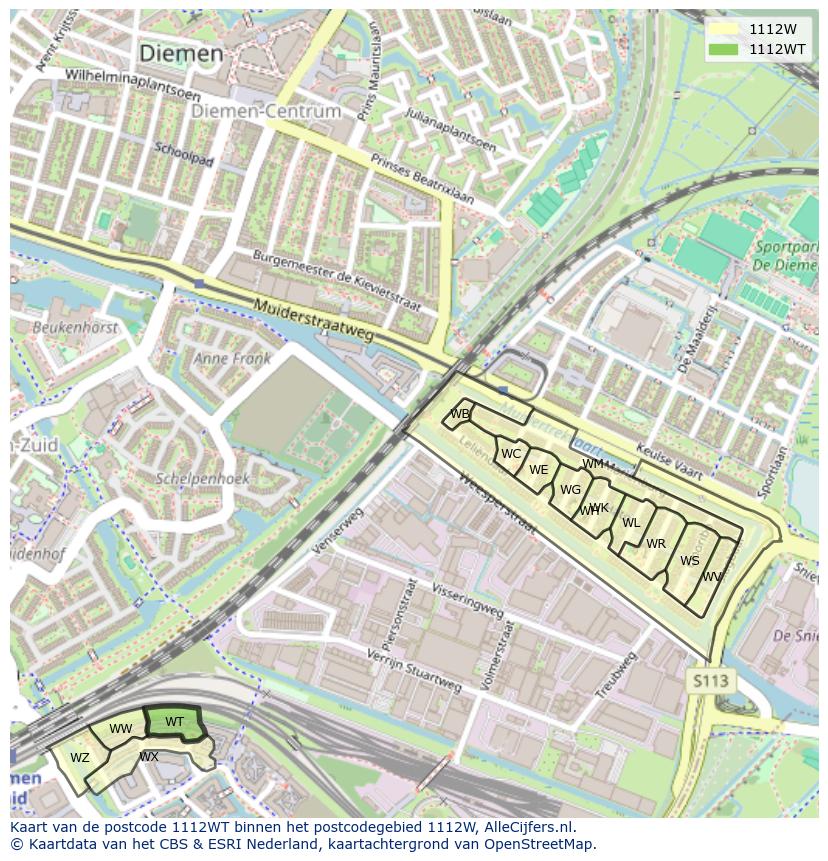 Afbeelding van het postcodegebied 1112 WT op de kaart.