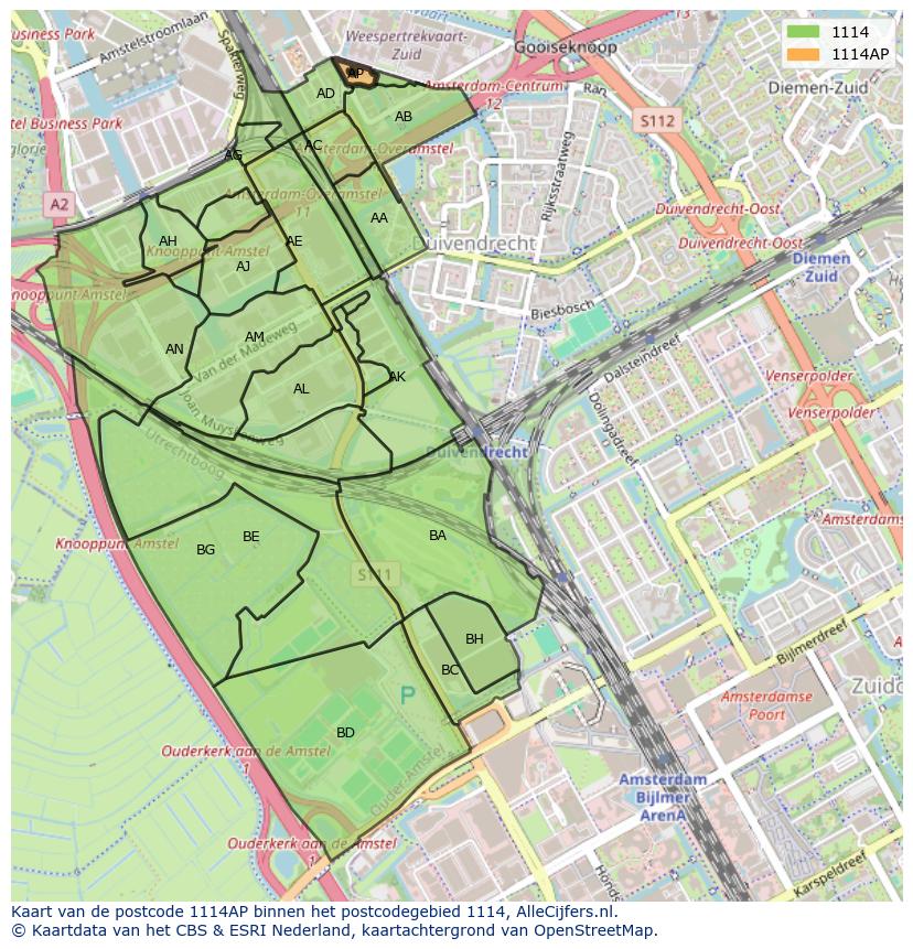 Afbeelding van het postcodegebied 1114 AP op de kaart.