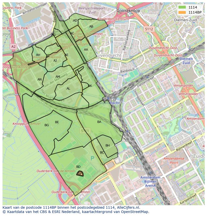 Afbeelding van het postcodegebied 1114 BP op de kaart.
