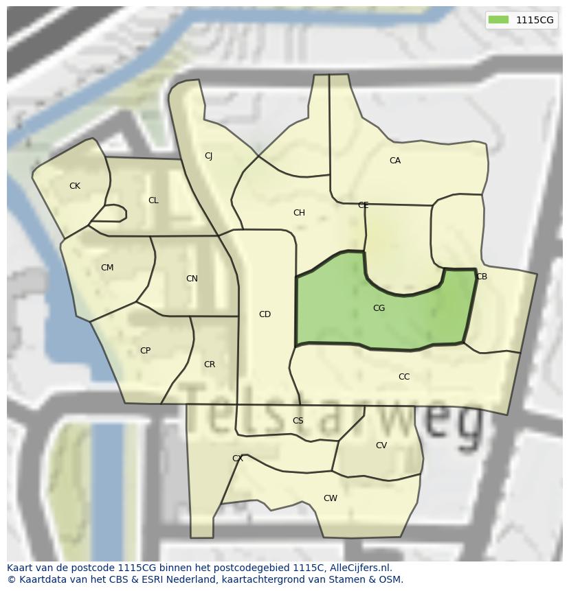 Afbeelding van het postcodegebied 1115 CG op de kaart.
