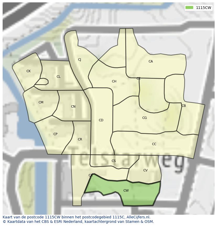 Afbeelding van het postcodegebied 1115 CW op de kaart.