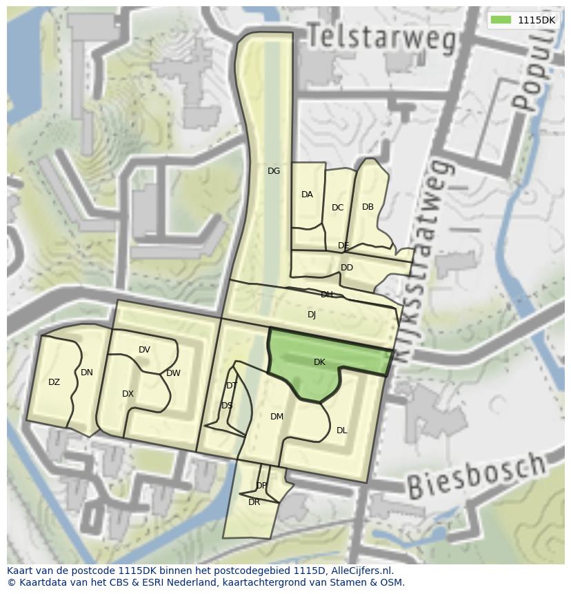 Afbeelding van het postcodegebied 1115 DK op de kaart.