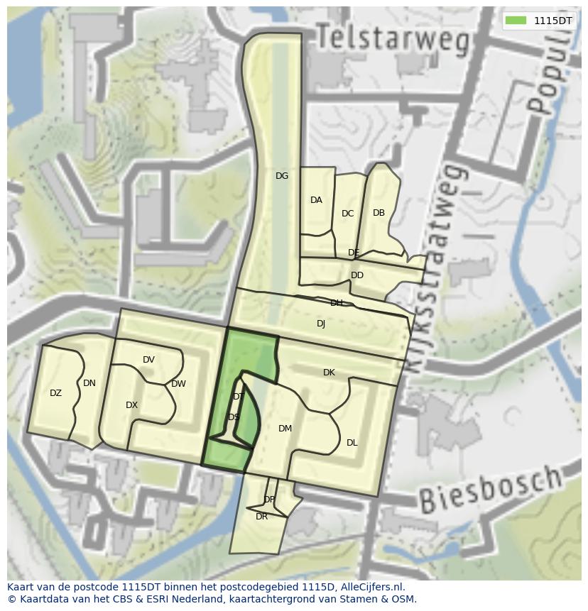 Afbeelding van het postcodegebied 1115 DT op de kaart.