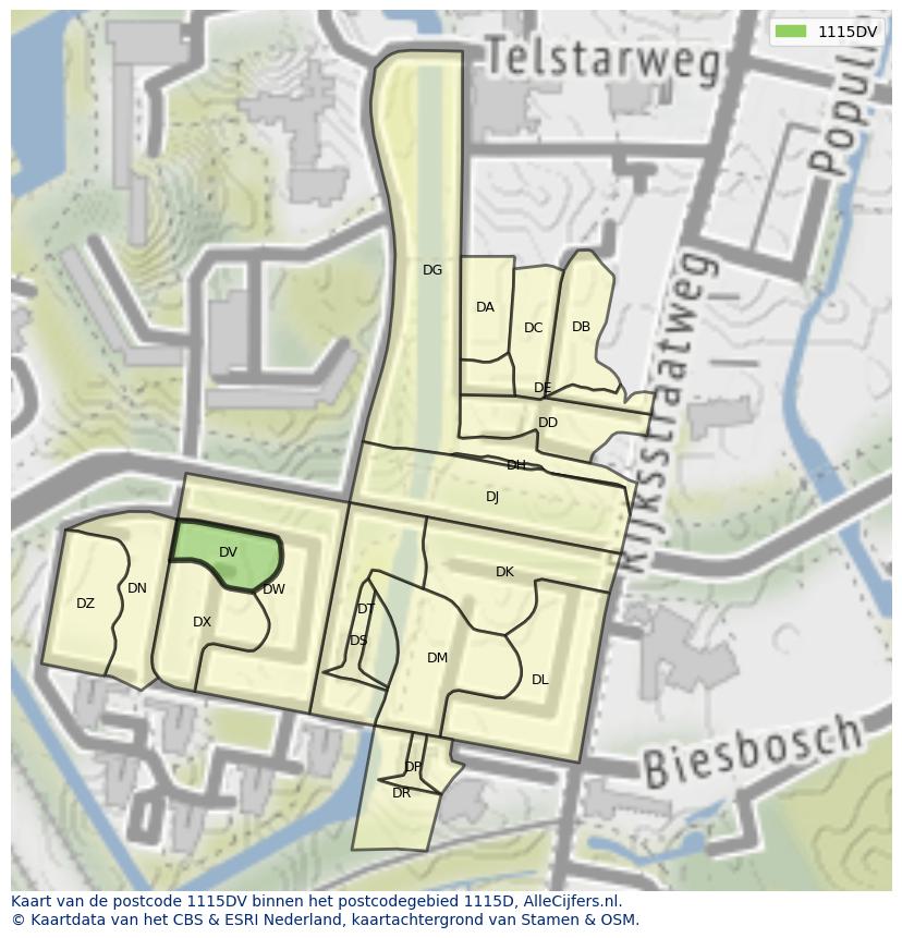 Afbeelding van het postcodegebied 1115 DV op de kaart.