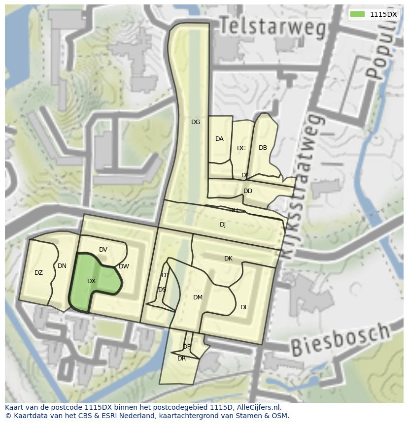 Afbeelding van het postcodegebied 1115 DX op de kaart.