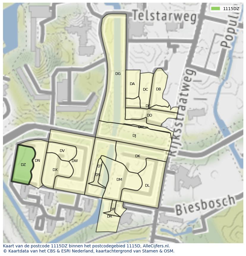Afbeelding van het postcodegebied 1115 DZ op de kaart.