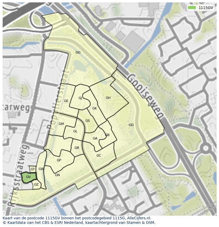 Afbeelding van het postcodegebied 1115 GV op de kaart.