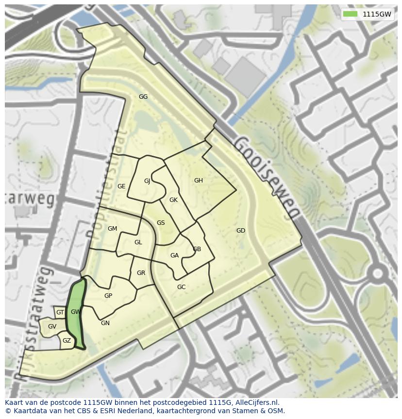 Afbeelding van het postcodegebied 1115 GW op de kaart.