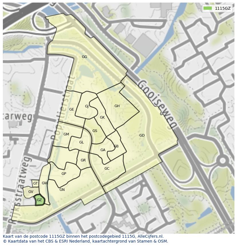 Afbeelding van het postcodegebied 1115 GZ op de kaart.