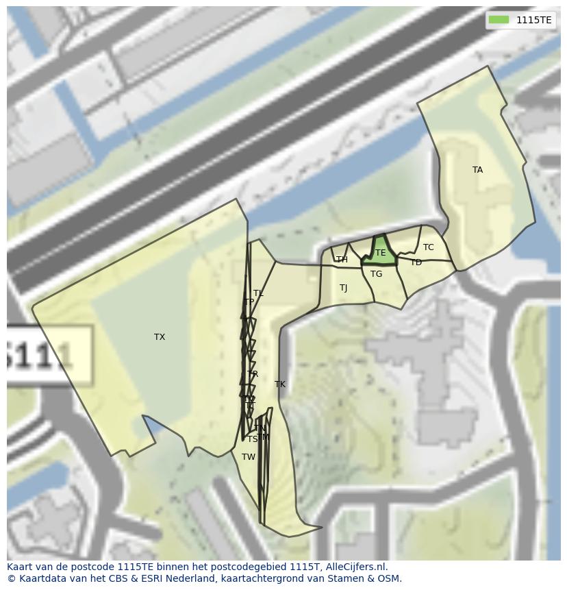 Afbeelding van het postcodegebied 1115 TE op de kaart.