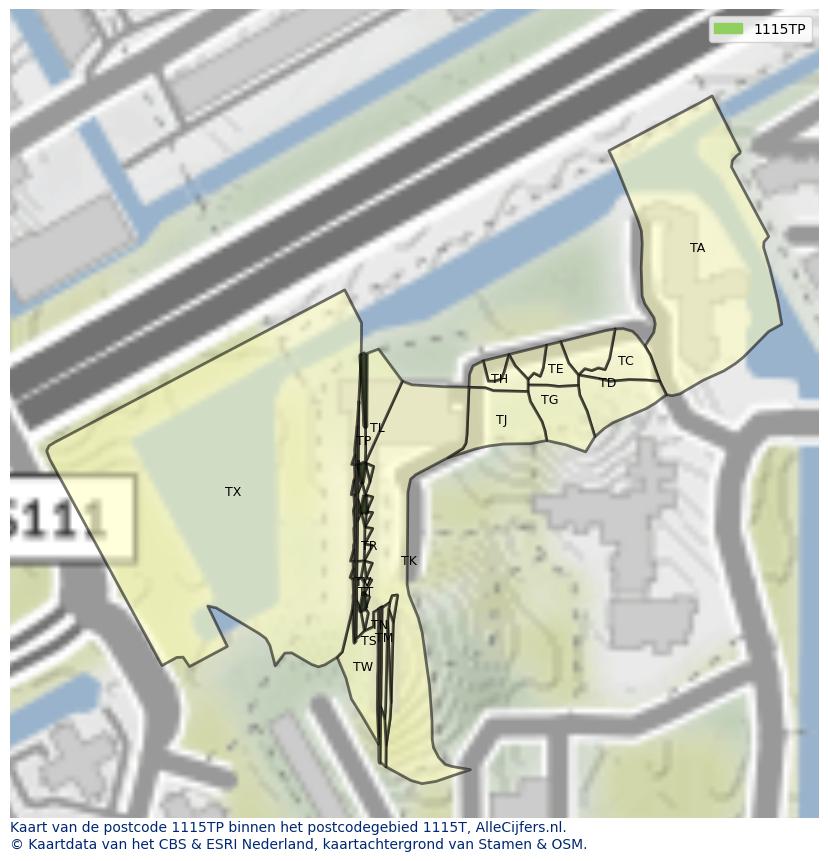 Afbeelding van het postcodegebied 1115 TP op de kaart.