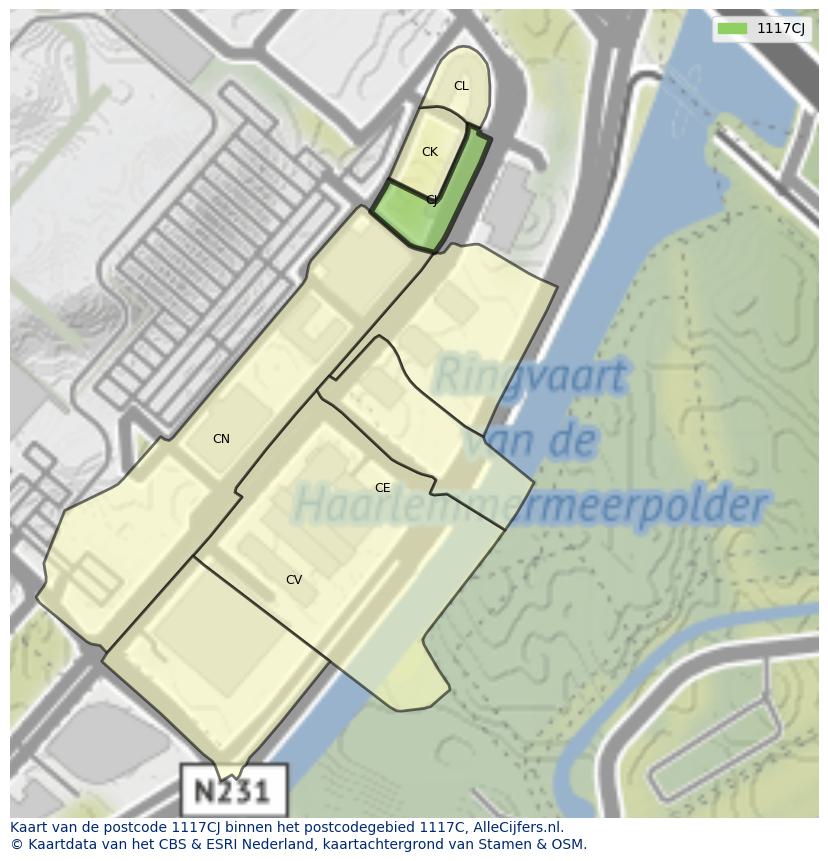 Afbeelding van het postcodegebied 1117 CJ op de kaart.