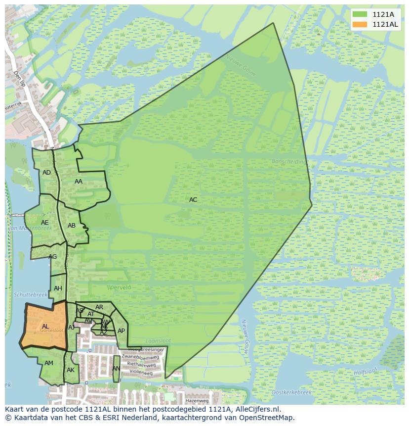 Afbeelding van het postcodegebied 1121 AL op de kaart.