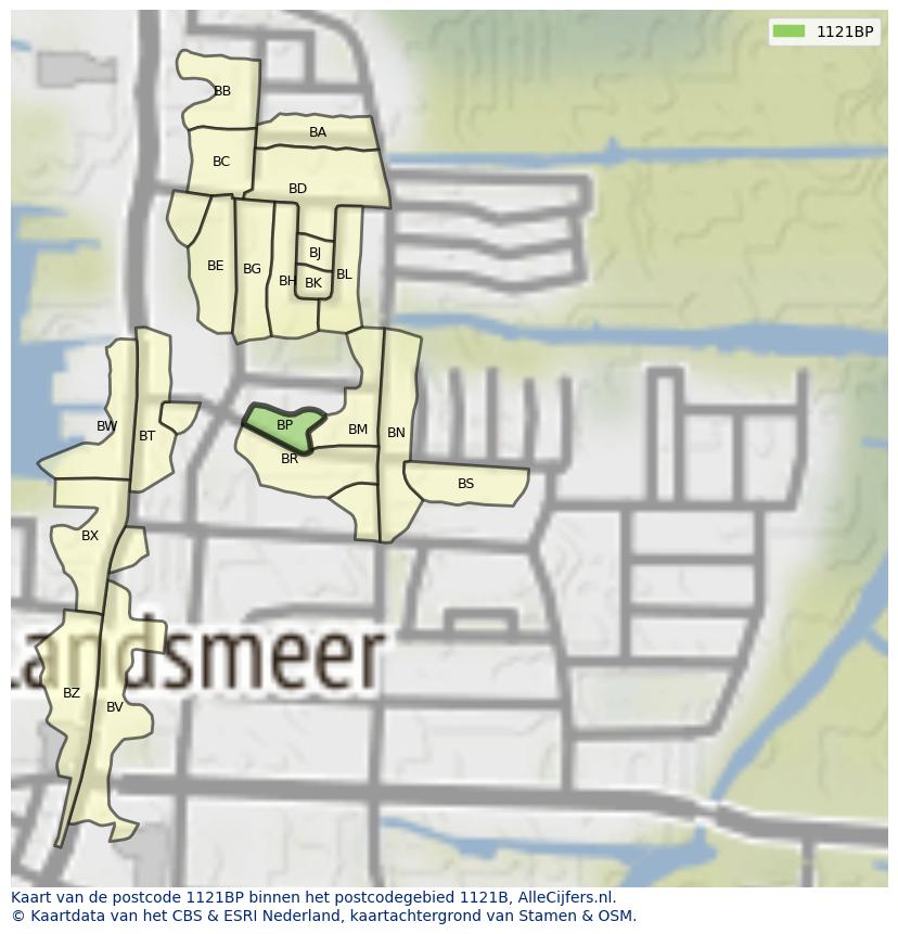 Afbeelding van het postcodegebied 1121 BP op de kaart.
