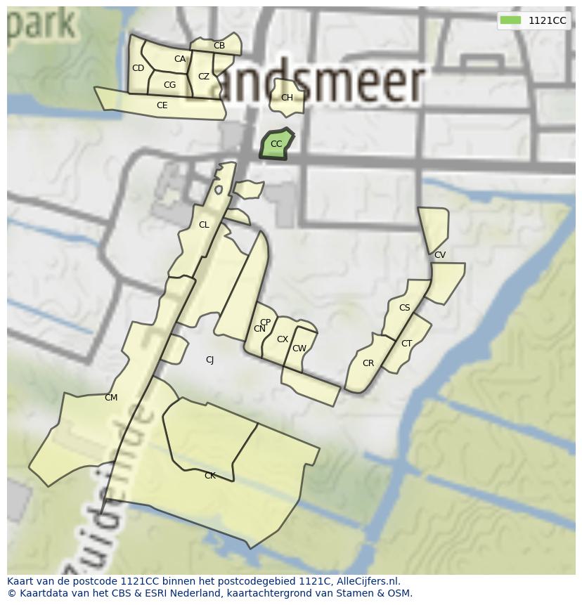Afbeelding van het postcodegebied 1121 CC op de kaart.