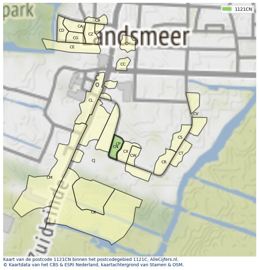 Afbeelding van het postcodegebied 1121 CN op de kaart.