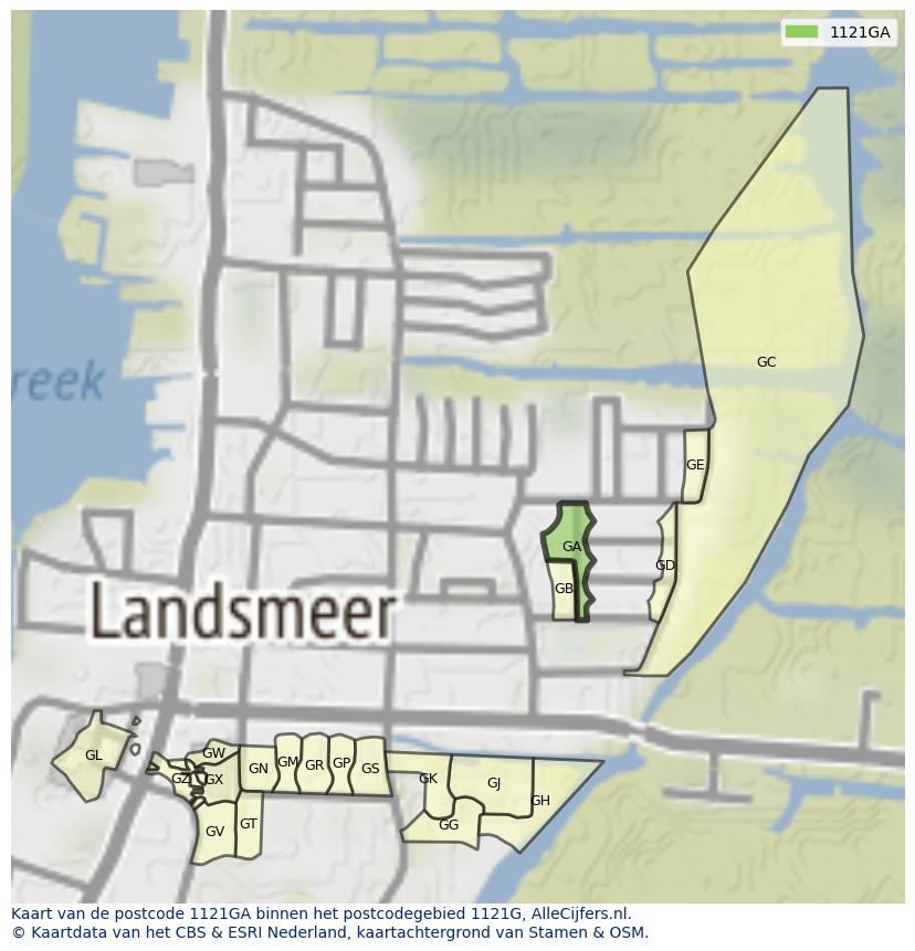 Afbeelding van het postcodegebied 1121 GA op de kaart.