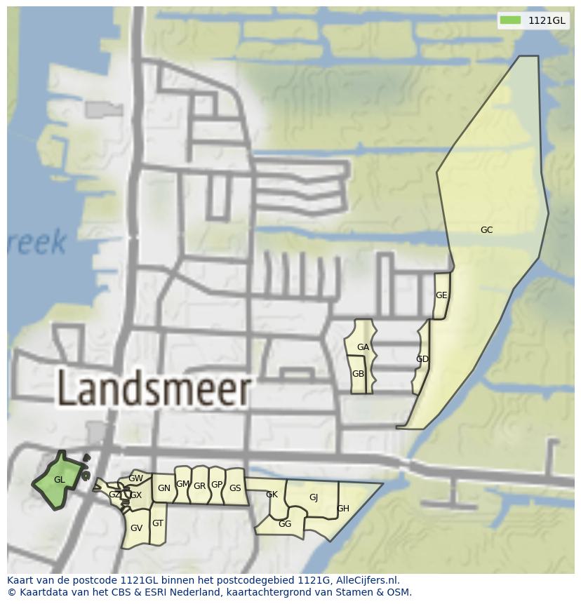 Afbeelding van het postcodegebied 1121 GL op de kaart.