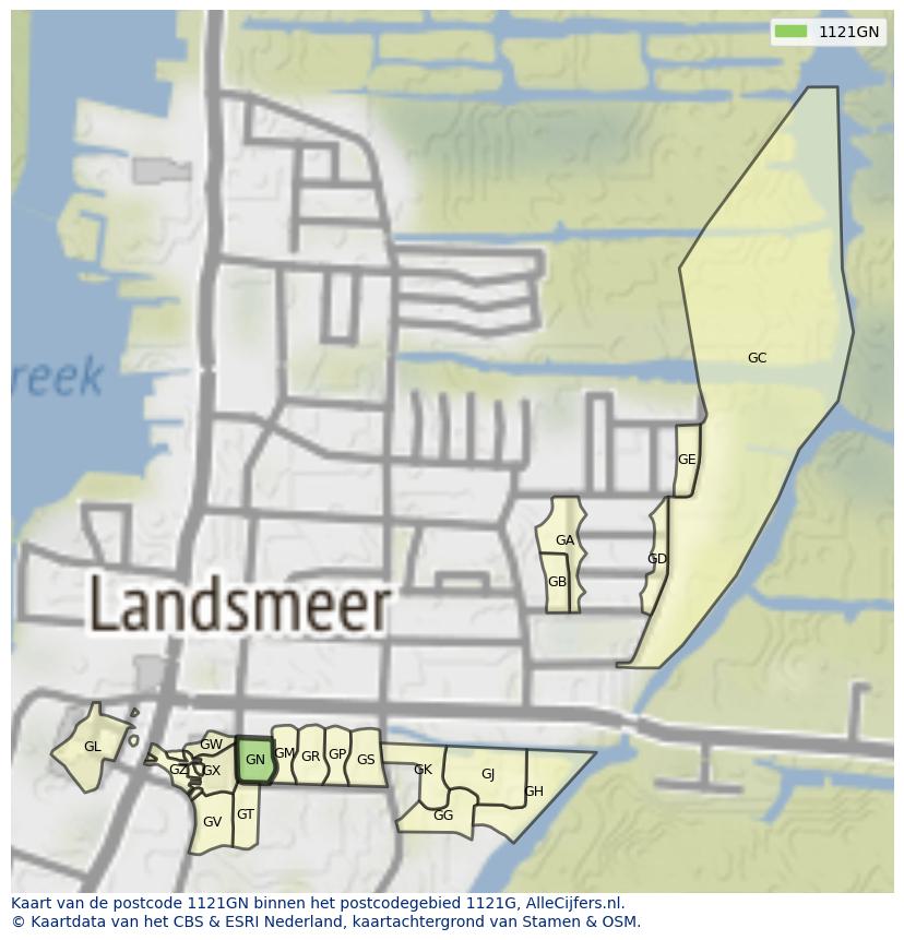 Afbeelding van het postcodegebied 1121 GN op de kaart.