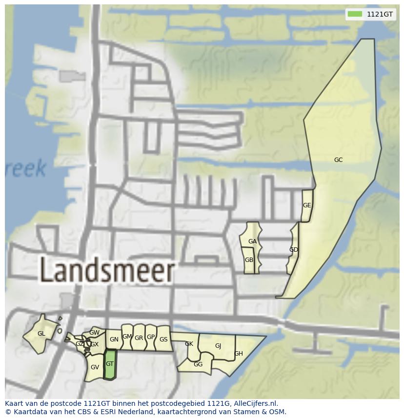 Afbeelding van het postcodegebied 1121 GT op de kaart.