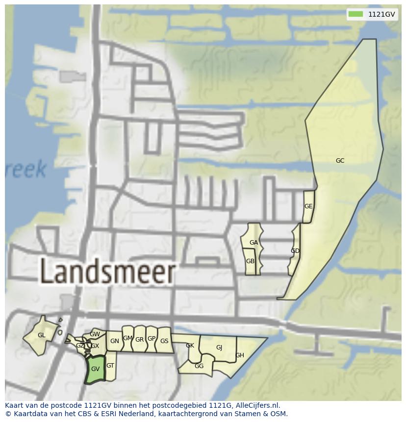 Afbeelding van het postcodegebied 1121 GV op de kaart.