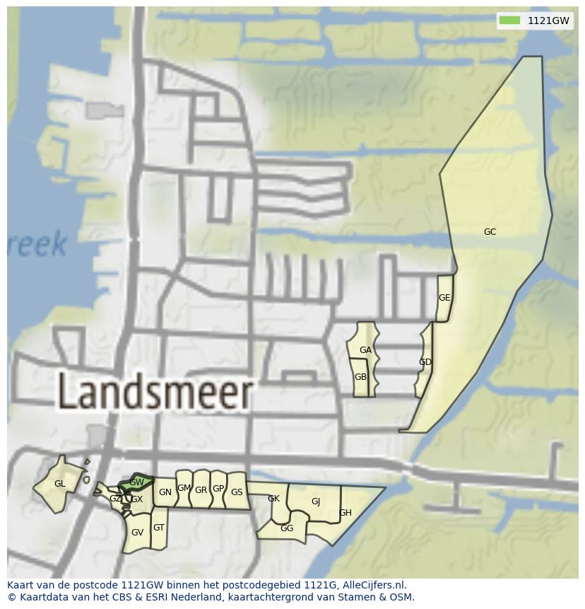 Afbeelding van het postcodegebied 1121 GW op de kaart.
