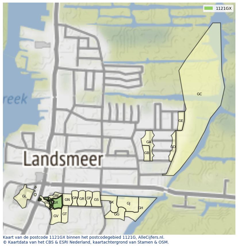 Afbeelding van het postcodegebied 1121 GX op de kaart.